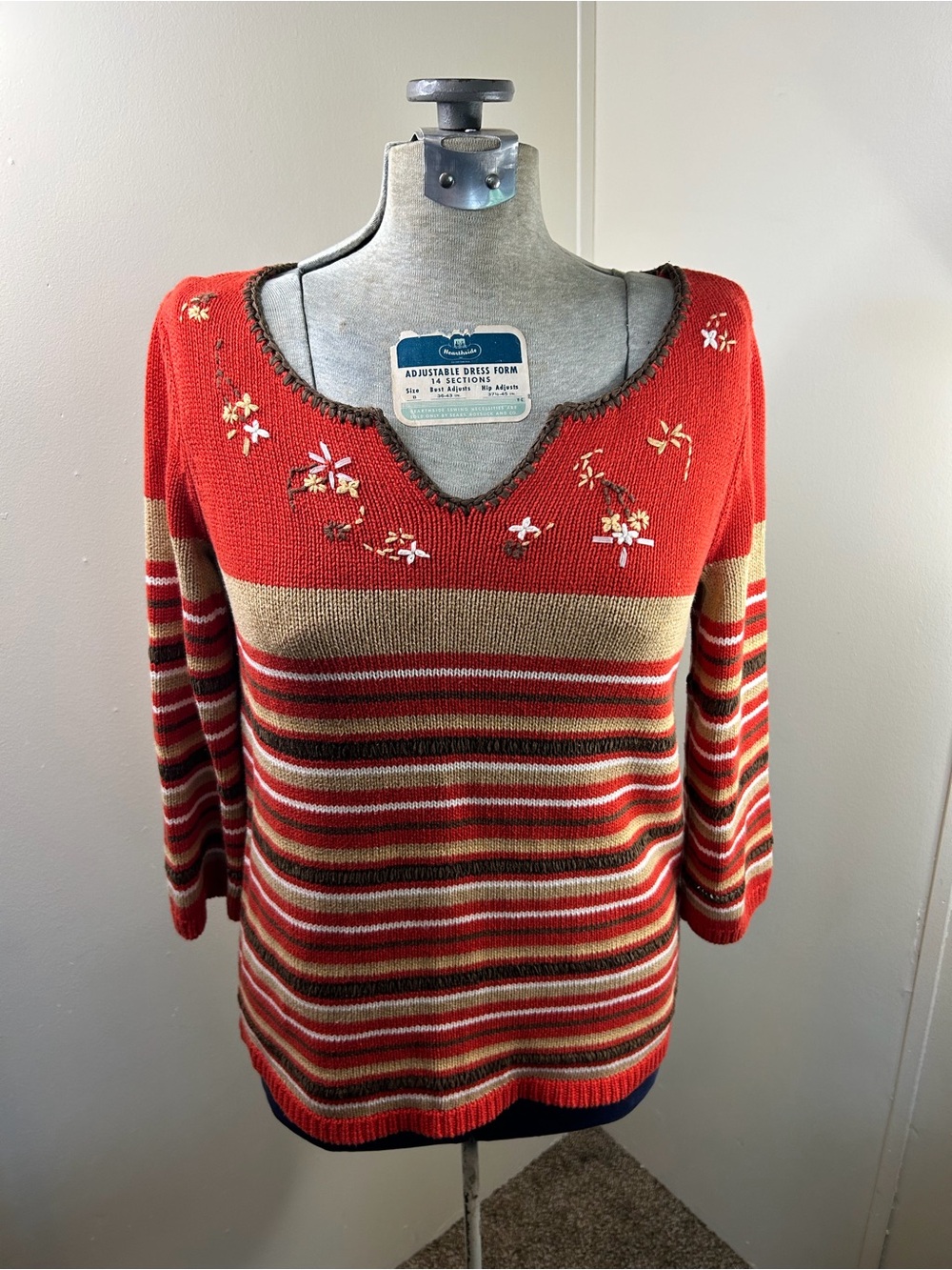 Orange/Tan/Brown/White Striped Long Sleeve Sweater w/Embroidered Flowers